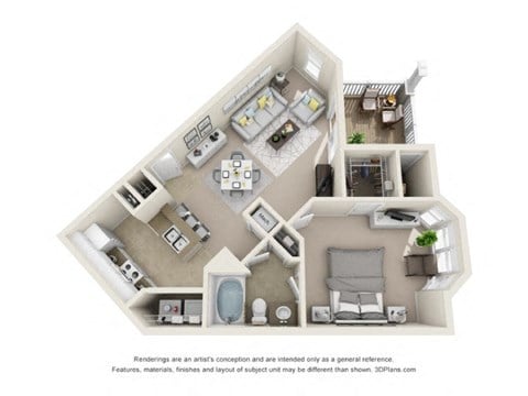 Floor plan for 1 bed, 1 bath, 818 sqft